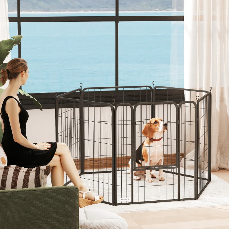 PawHut Six-Panel Dog Playpen with Door, for Medium Dogs, Indoors, Outdoors, 80cm Tall, Black