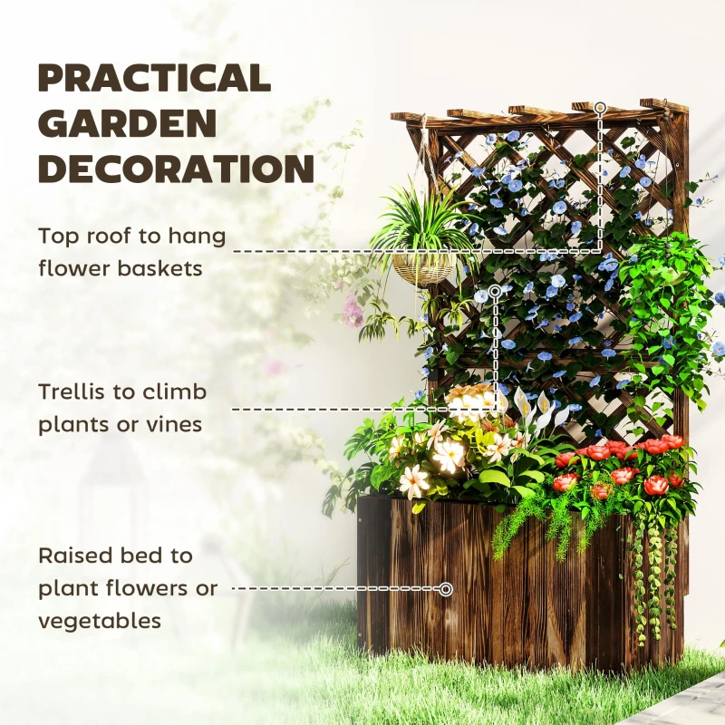 Outsunny Wooden Planter with Trellis, Freestanding Raised Garden Bed with Drainage Holes, Outdoor Planter Box with Liner for Vegetables, Herbs and Flowers, Carbonised