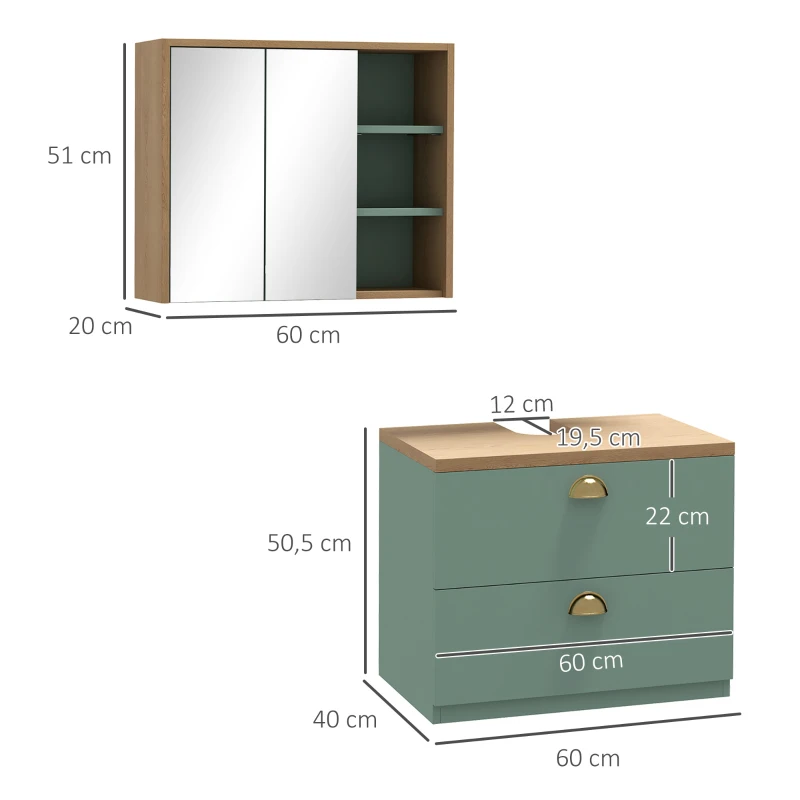 kleankin Ensemble de meubles de salle de bain avec étagères réglables 2 tiroirs design scandinave vert