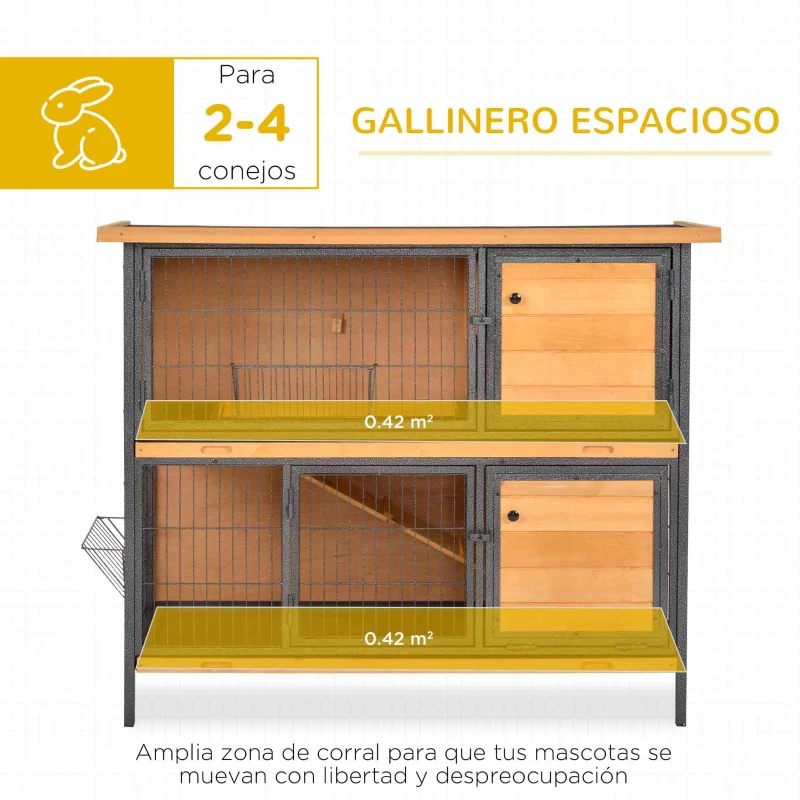 PawHut Jaula para Conejos con Techo Asfáltico Abatible Puertas con Pestillo Bandejas Extraíbles 122x50x101 cm Natural y Negro