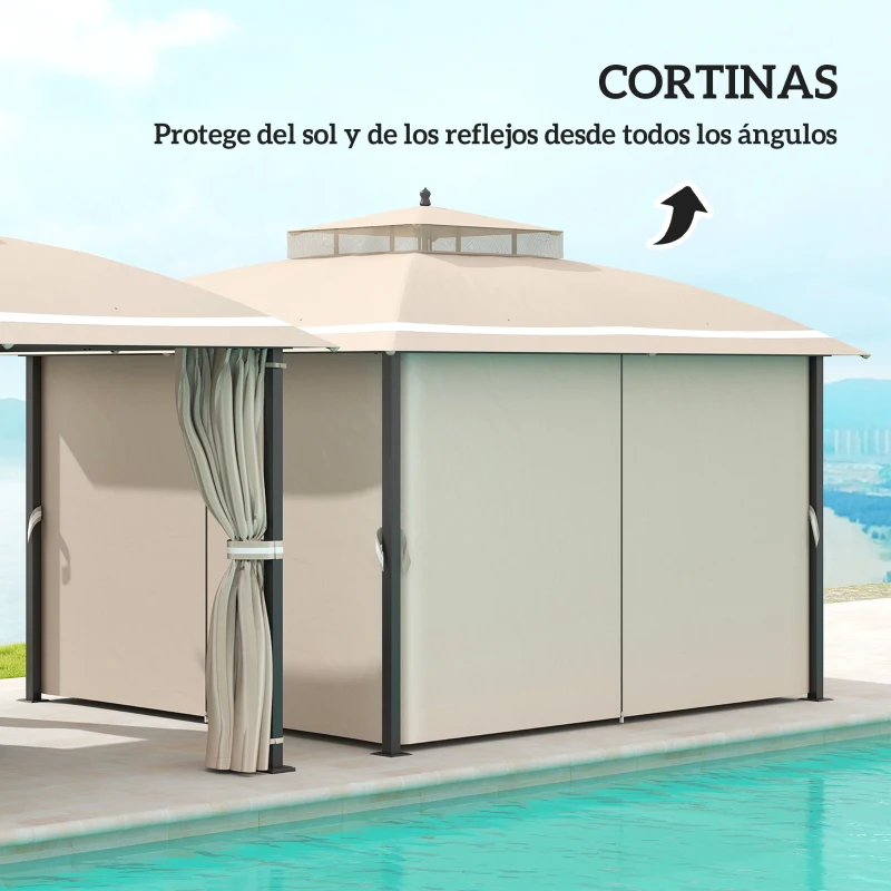Outsunny Carpa de Exterior con Techo Doble Cenador con Mosquiteras y Cortinas para Jardín y Terraza 370x303x290 cm Beige