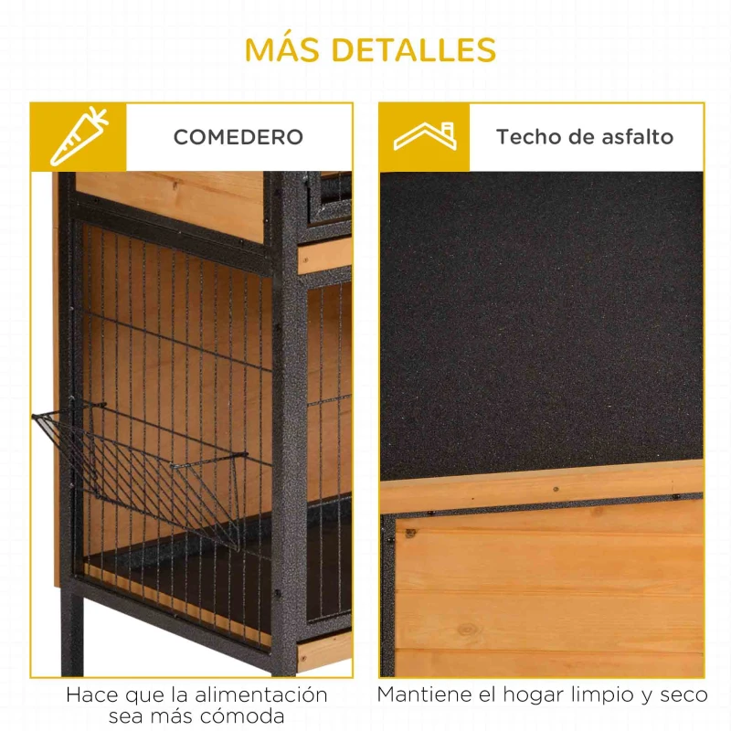 PawHut Jaula para Conejos con Techo Asfáltico Abatible Puertas con Pestillo Bandejas Extraíbles 122x50x101 cm Natural y Negro
