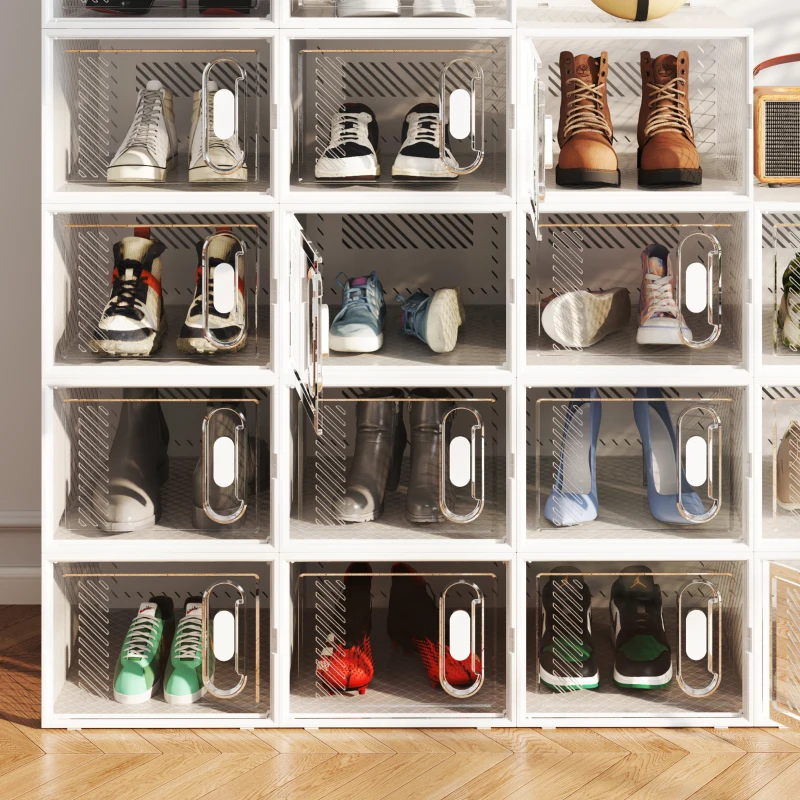 HOMCOM 8-teiliges Schuhregal, stapelbare Schuhboxen für Schuhe bis Größe 46, magnetische Türen, Kunststoff, 28 x 36 x 21 cm(m-8)