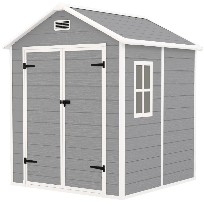 Outsunny 6 x 5ft Garden Shed, Plastic Shed with Floor, Window, Lockable Doors and Vents, Wood Effect Resin Tool Shed for Outdoor Patio, Dark Grey
