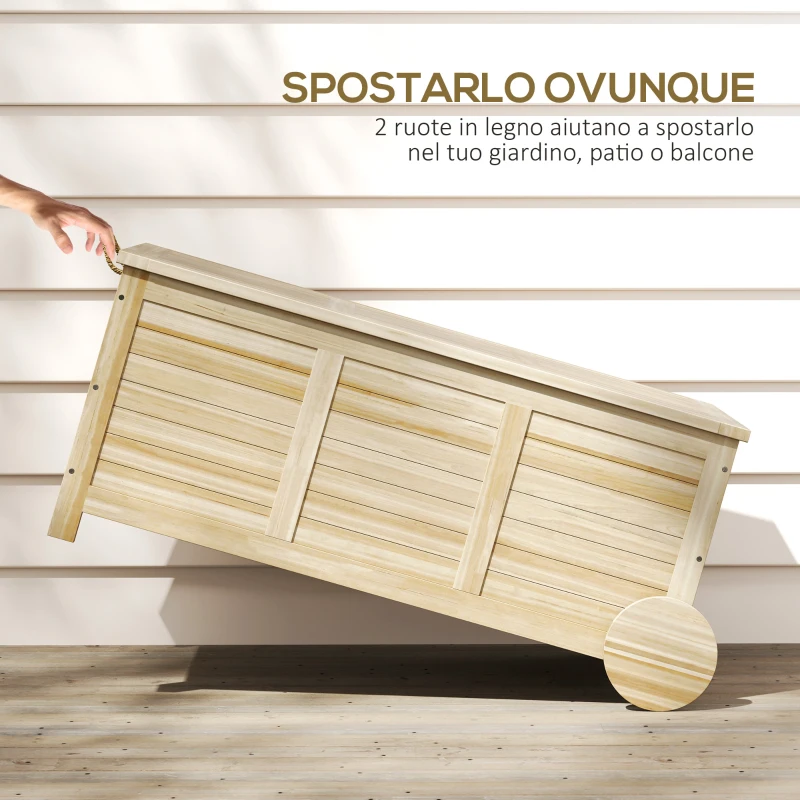 Outsunny Baule da Esterno 185L a 2 Ruote con Telo Interno e Coperchio, in Legno di Abete, 110x50x50 cm, color Legno