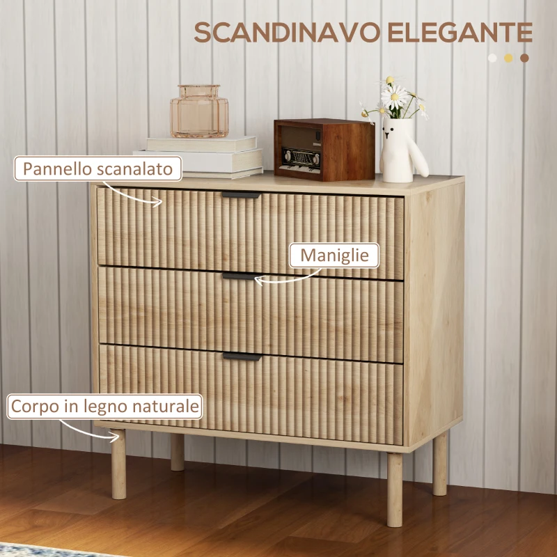 HOMCOM Cassettiera 3 Cassetti in Legno per Camera e Ingresso Stile Nordico, 80x40x77.5 cm, Rovere
