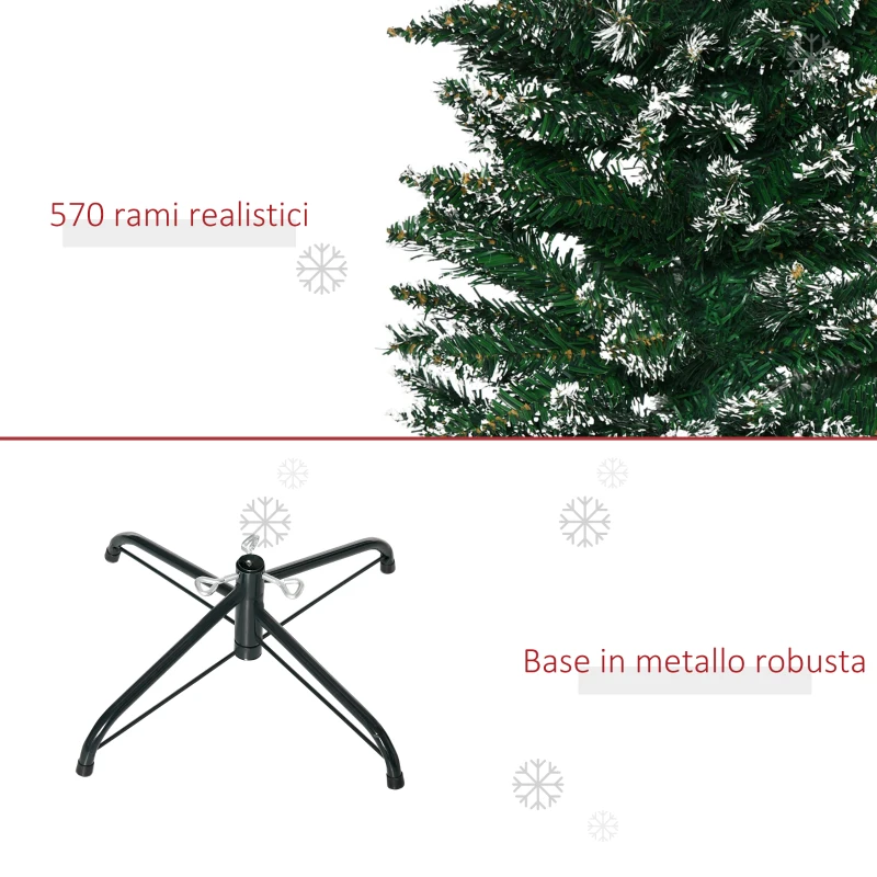 HOMCOM Albero di Natale Slim con 570 Rami, Albero di Natale Innevato Artificiale Alto e Stretto con Base Rimovibile e Pieghevole, Φ53x190cm, Verde