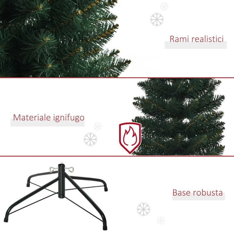 HOMCOM Albero di Natale Slim Alto 180cm con Base Pieghevole, Albero di Natale Artificiale con 380 Rami, in PVC e Metallo, Verde