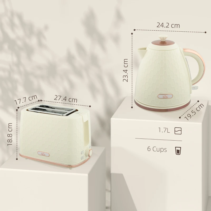 HOMCOM 1.7L 3000W Fast Boil Kettle & 2 Slice Toaster Set, Kettle and Toaster Set with Auto Shut Off, Browning Controls, Beige
