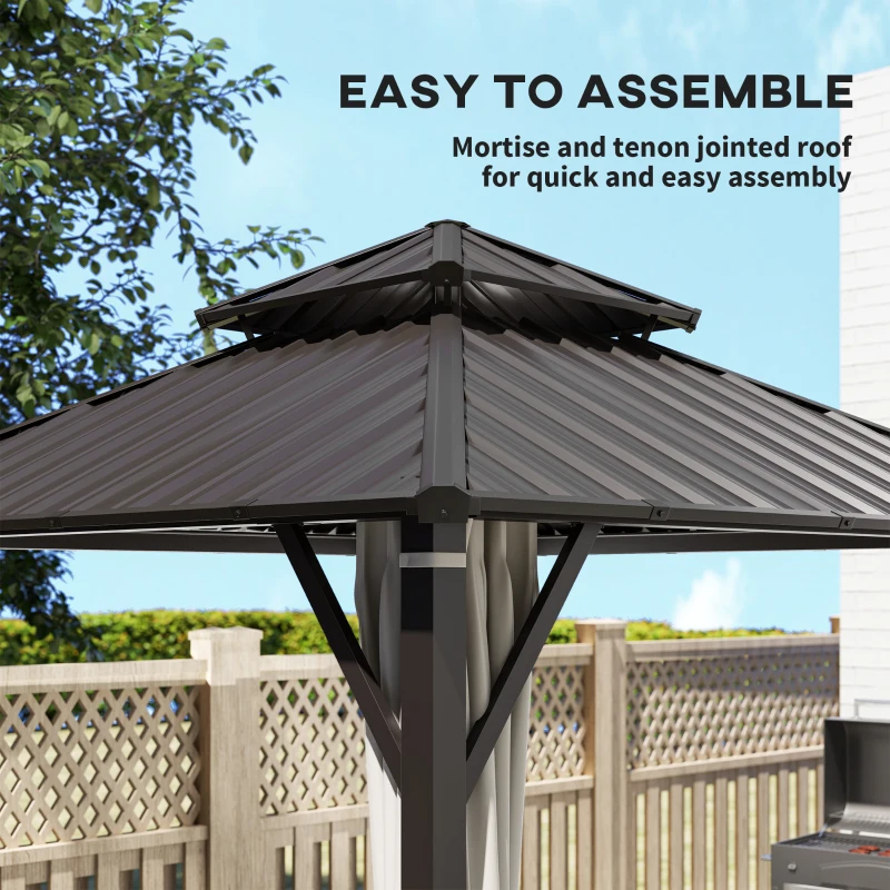 Outsunny 3 x 3(m) Hardtop Gazebo Canopy with Double Metal Roof, Waterproof Permanent Pavilion Garden Gazebo with Netting and Curtains, Easy to Assemble