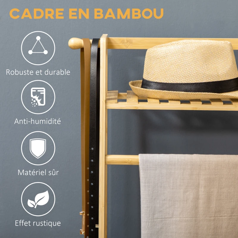 HOMCOM Portant à vêtements penderie porte-manteau avec 2 étagères 2 crochets et 1 barre de suspension en bambou