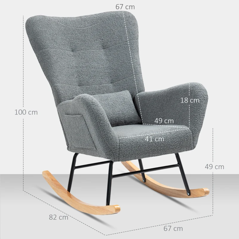 HOMCOM Mecedora de Borreguito con Respaldo Acolchado Almohada y Base de Madera de Caucho Carga 120 kg Gris