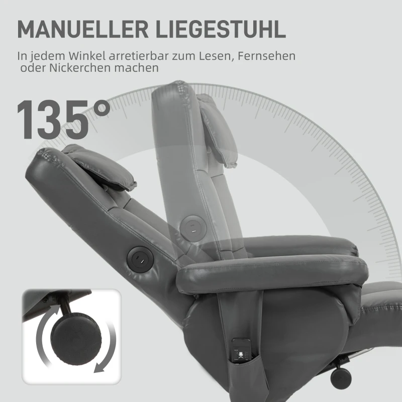 HOMCOM /Massagesessel mit Hocker, verstellbare Lehne, USB-Ladeport, Lederoptik, bis 150 kg, Dunkelgrau
