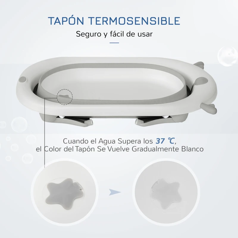 HOMCOM Bañera Plegable para Bebé Recién Nacido hasta 3 Años 81,5x50,5x23,5 cm con Tapón Termosensible Cojín Gris