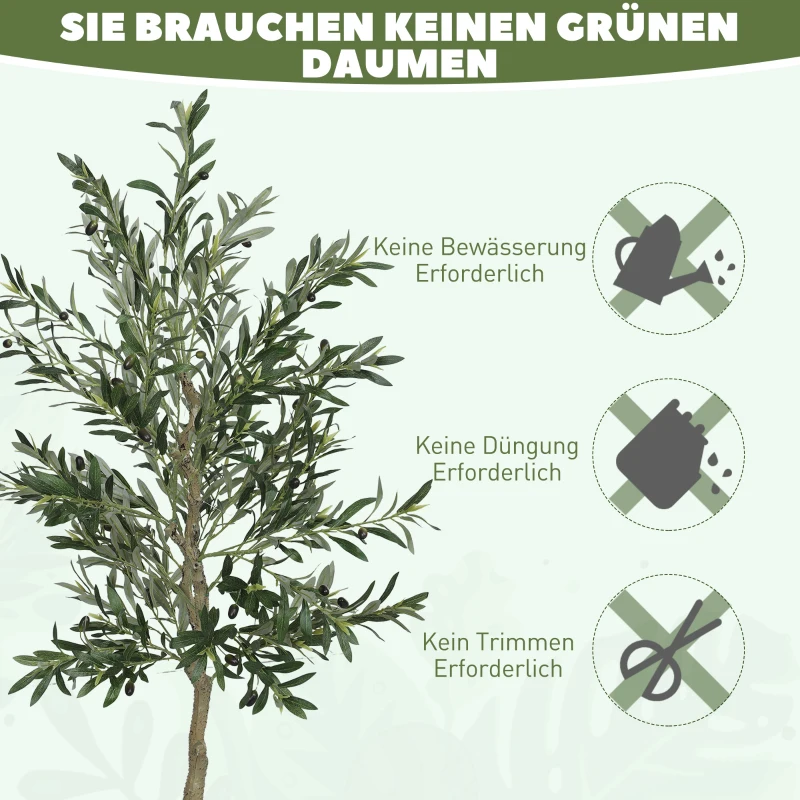 HOMCOM Kunstpflanze, Künstlicher Olivenbaum, 180 cm, 900 Blätter, 40 Oliven, stabiler Blumentopf, Dekorationspflanze, Grün