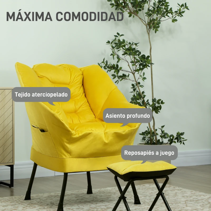 HOMCOM Sillón de Salón con Otomana Sillón de Relax con Bolsillos Laterales y Patas de Acero para Sala de Estar Dormitorio Amarillo
