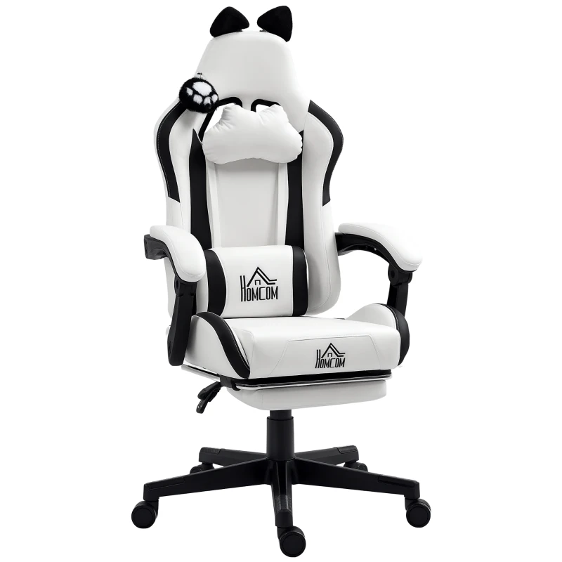 HOMCOM Cadeira Gaming com Orelhas Cadeira Gamer Reclinável com Altura Ajustável e Suporte Lombar 65x62x116-124 cm Branco