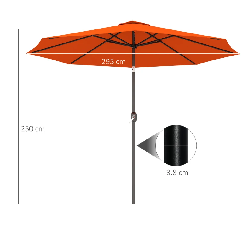 Outsunny 3 m Garden Parasol Umbrellas, Outdoor Sun Shade with 8 Ribs, Tilt and Crank Handle for Balcony, Bench, Garden, Orange