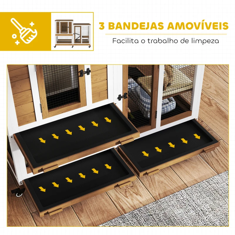PawHut Coelheira de Madeira Interior Gaiola para Coelhos de 2 Níveis com Rodas 2 Rampas 3 Bandejas Amovíveis 110x50x86 cm Marrom