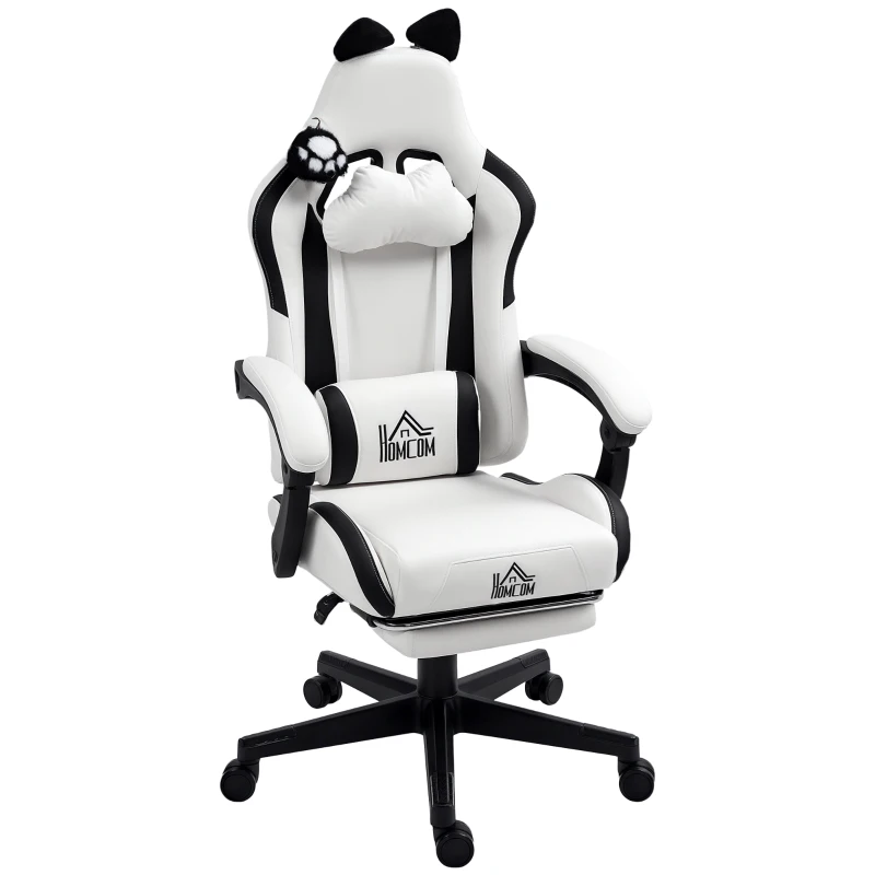 HOMCOM Silla Gamer Reclinable con Altura Ajustable Reposapiés Retráctil Soporte Lumbar y Reposacabezas Desmontable Blanco