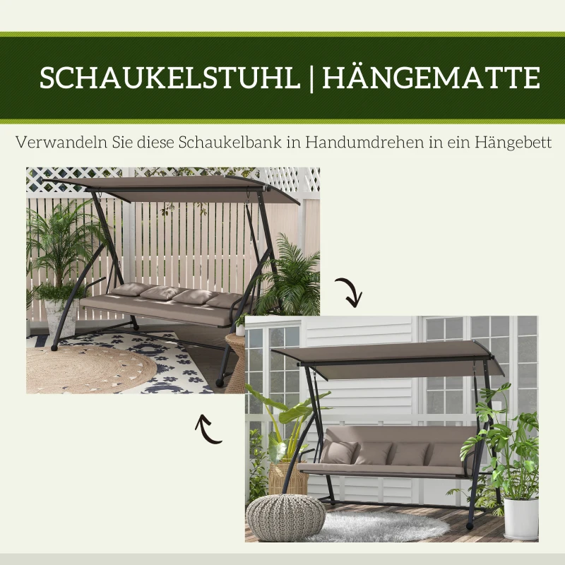 Outsunny 2 in 1 Hollywoodschaukel mit Liegefunktion, 3-Sitzer Gartenschaukel aus Stahl Schaukelbank 170x110x153cm, Hellbraun