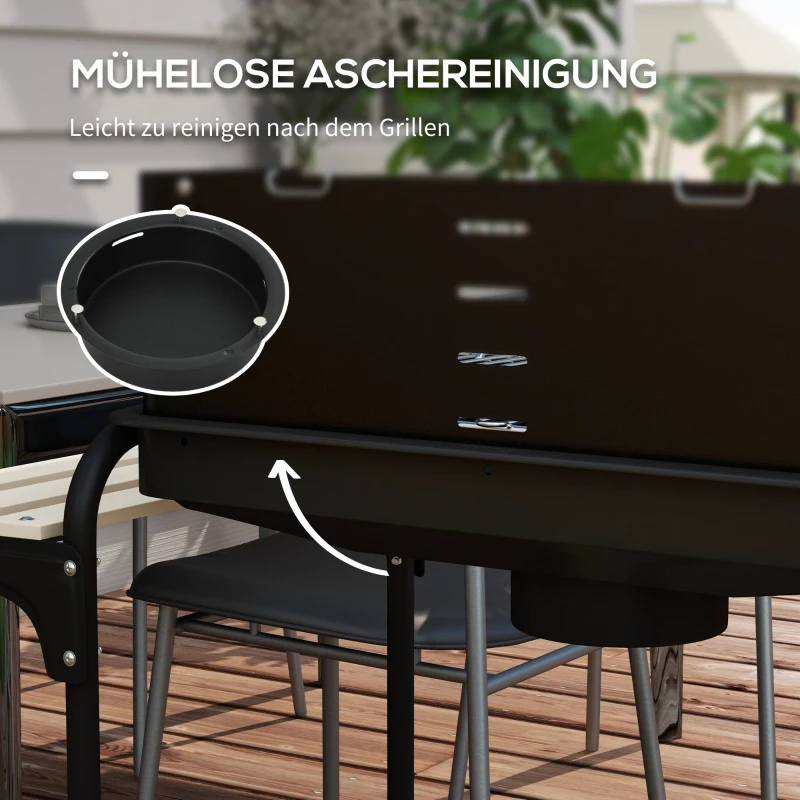Outsunny Holzkohlegrill aus Metall BBQ Smoker mit Räder, höheverstellbar Grillrost, Holzablage 103x47x95 cm Schwarz