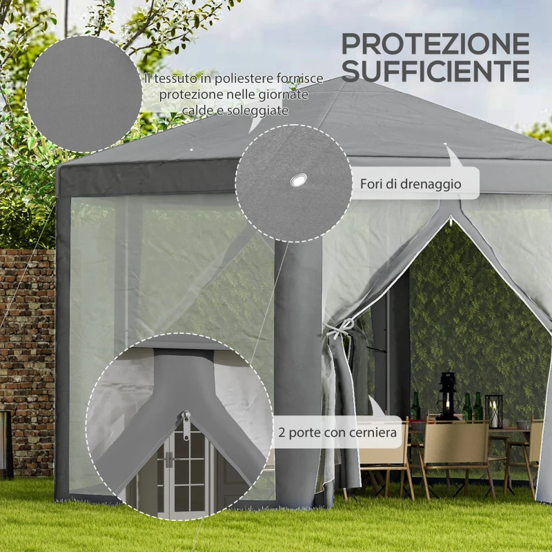 Outsunny Gazebo da Giardino Esagonale con Doppio Ingresso, in Metallo e Poliestere, 3.9x3.9x2.5 m, Grigio