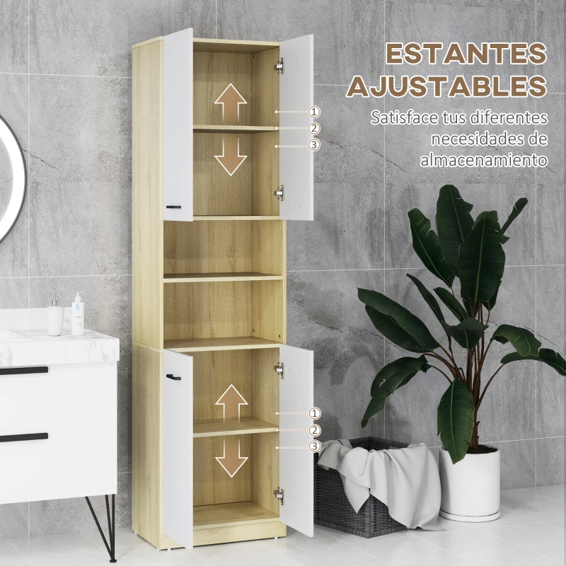 kleankin Armario Alto de Baño con 4 Puertas 2 Estantes Abiertos y Estantes Ajustables 53x33,5x195,7 cm Blanco y Roble