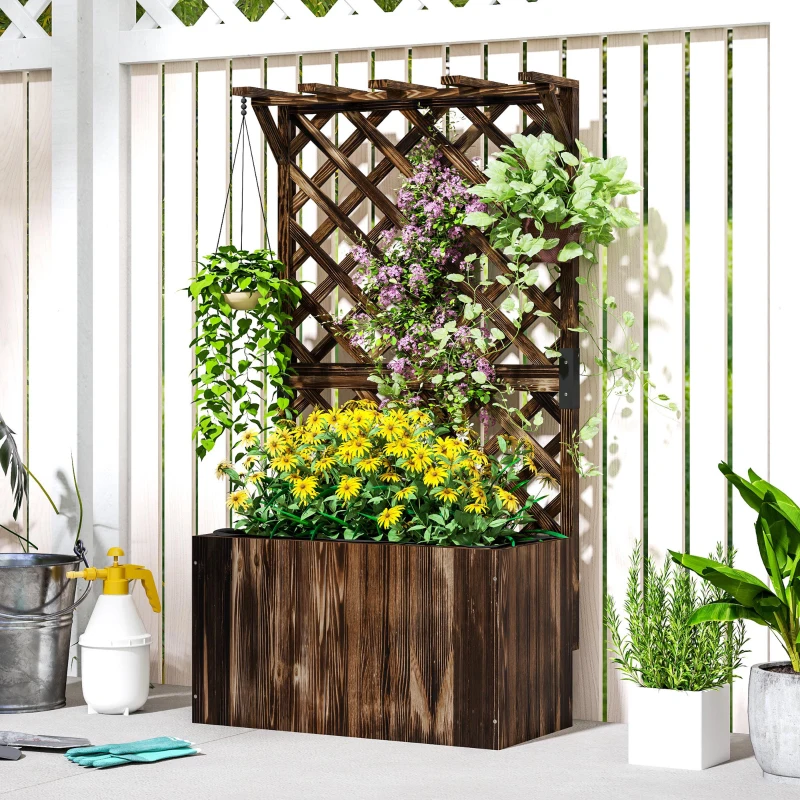 Outsunny Wooden Planter with Trellis, Freestanding Raised Garden Bed with Drainage Holes, Outdoor Planter Box with Liner for Vegetables, Herbs and Flowers, Carbonised