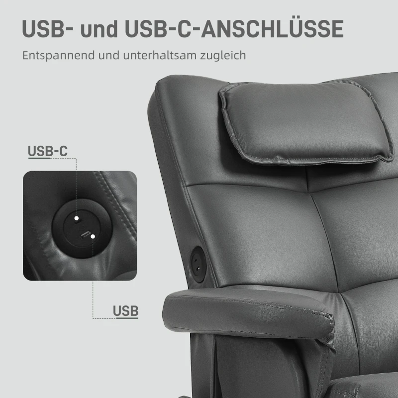 HOMCOM /Massagesessel mit Hocker, verstellbare Lehne, USB-Ladeport, Lederoptik, bis 150 kg, Dunkelgrau