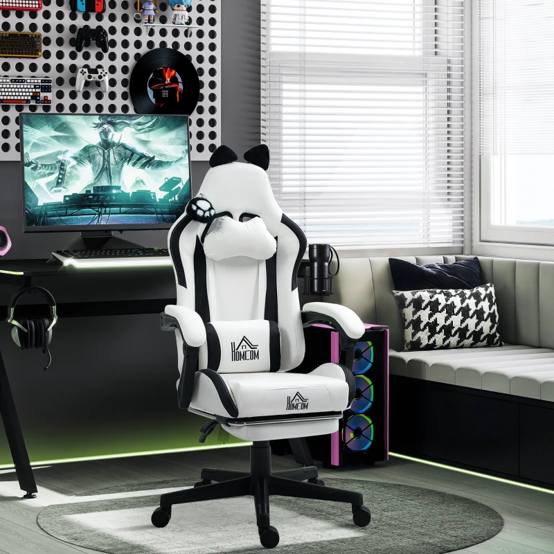 HOMCOM Cadeira Gaming com Orelhas Cadeira Gamer Reclinável com Altura Ajustável e Suporte Lombar 65x62x116-124 cm Branco