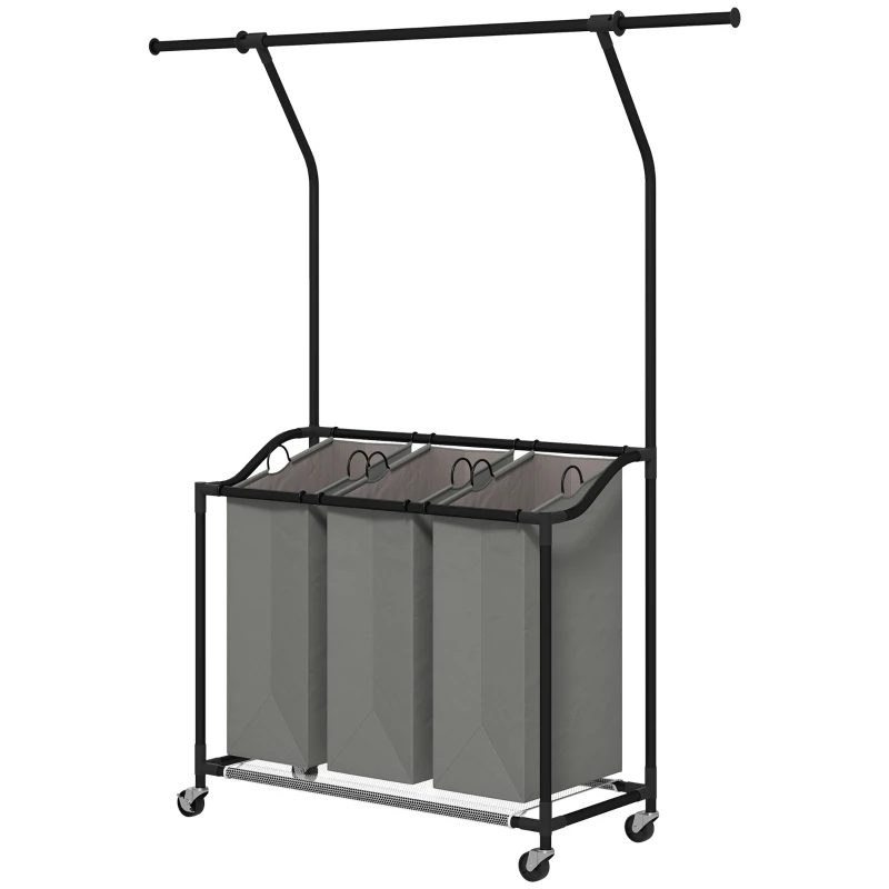 HOMCOM 3x 42L Laundry Basket Unit, with Hanging Rail - Black/Grey