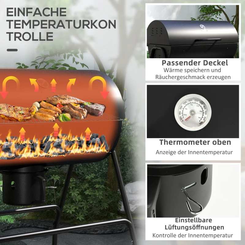 Outsunny Holzkohlegrill aus Metall BBQ Smoker mit Deckel Thermometer Räder Grillwagen 95x71,5x102 cm Schwarz