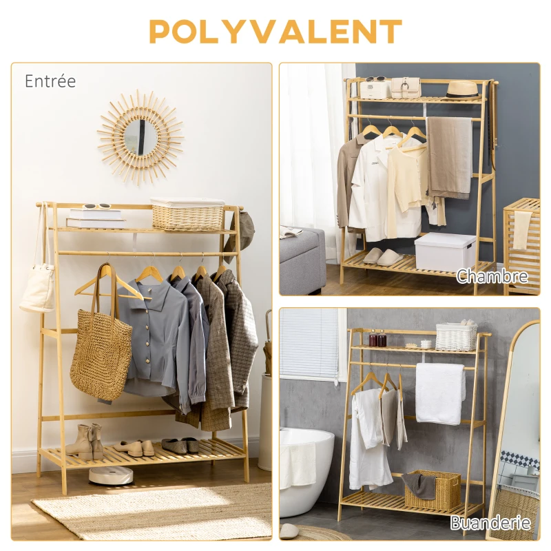 HOMCOM Portant à vêtements penderie porte-manteau avec 2 étagères 2 crochets et 1 barre de suspension en bambou