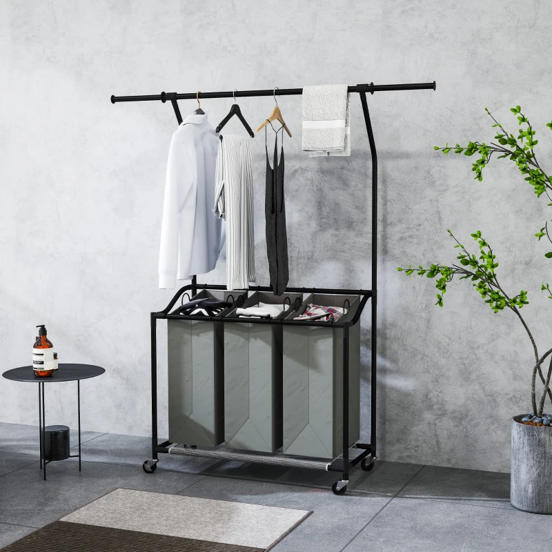 HOMCOM 3x 42L Laundry Basket Unit, with Hanging Rail - Black/Grey