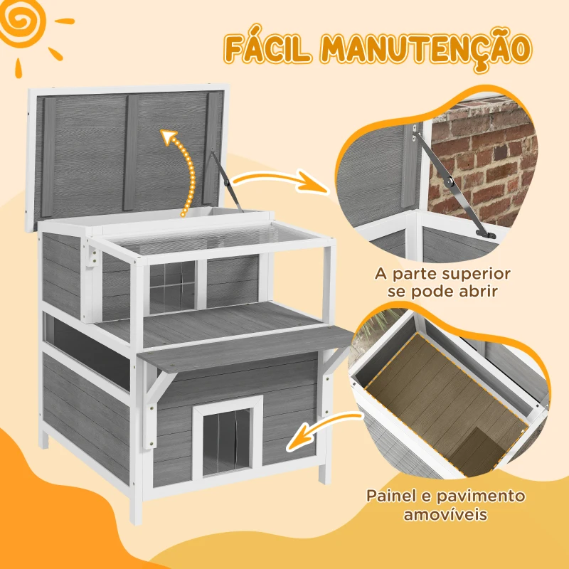 PawHut Casa para Gatos de Madeira 64x87x76 cm de 2 Níveis com Teto Asfáltico Janela e Porta com Cortina 64x87x76 cm Cinza Claro