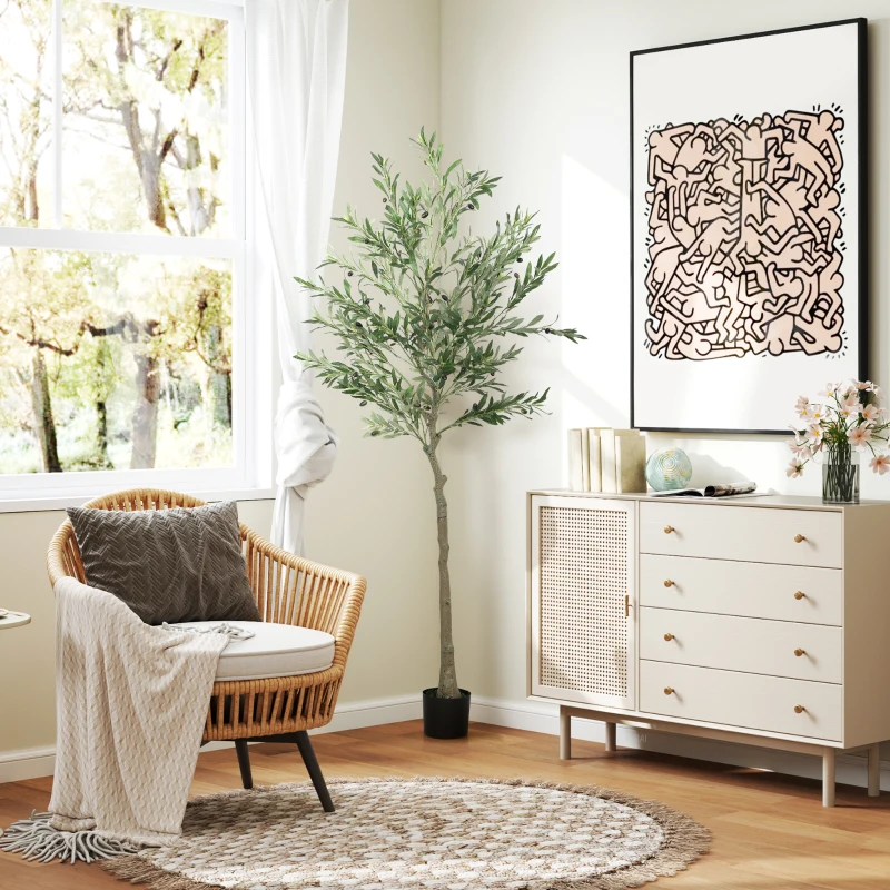 HOMCOM Kunstplant Olijfboom, 180 cm, 900 Bladeren, 40 Olijven, Stabiele Bloempot, Decoratieplant, Groen