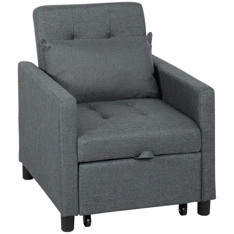 HOMCOM 3-In-1 Chair Bed, Convertible Sleeper Chair with Adjustable Backrest, Pillow and Footrest for Living Room, Dark Grey