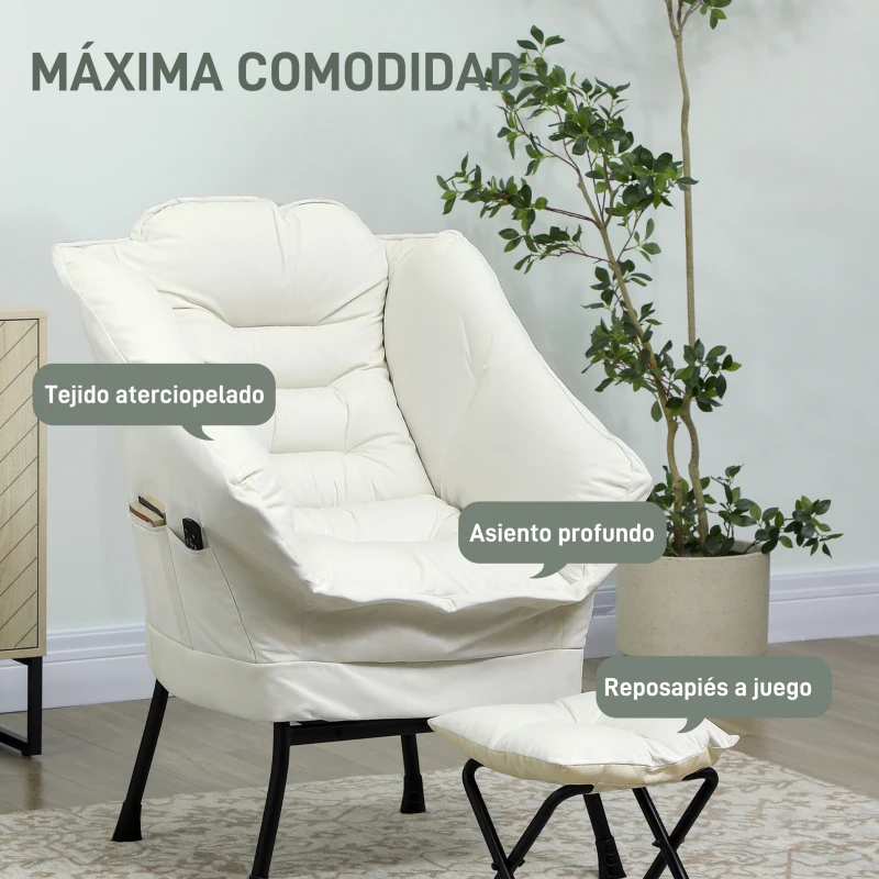 HOMCOM Sillón de Salón con Otomana Sillón de Relax con Bolsillos Laterales y Patas de Acero para Sala de Estar Dormitorio Crema