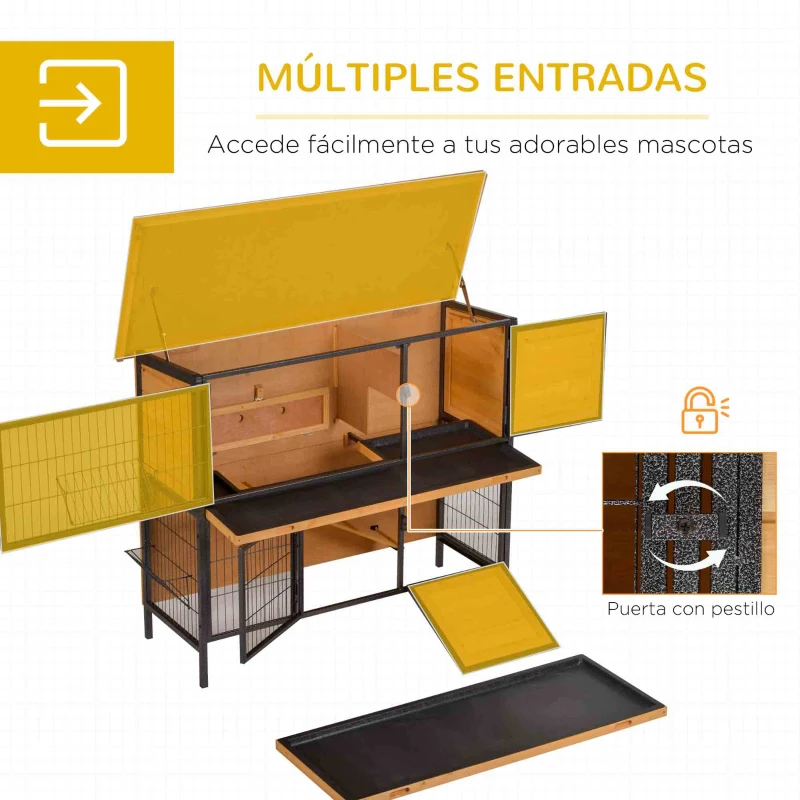 PawHut Jaula para Conejos con Techo Asfáltico Abatible Puertas con Pestillo Bandejas Extraíbles 122x50x101 cm Natural y Negro