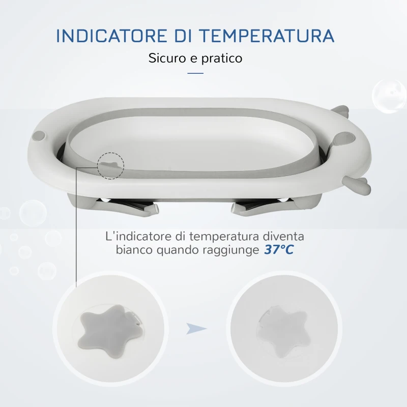 HOMCOM Vaschetta Bagnetto Pieghevole per Bambini 0-3 Anni con Indicatore di Temperatura e Cuscino, 81.5x50.5x23.5cm, Bianco