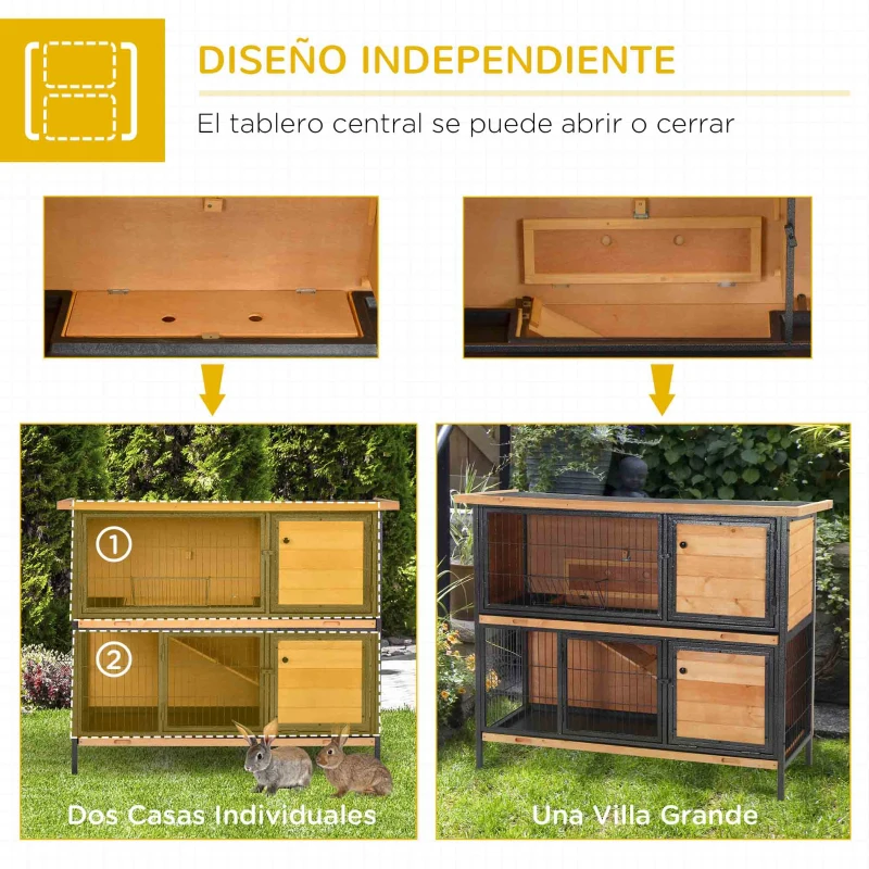 PawHut Jaula para Conejos con Techo Asfáltico Abatible Puertas con Pestillo Bandejas Extraíbles 122x50x101 cm Natural y Negro