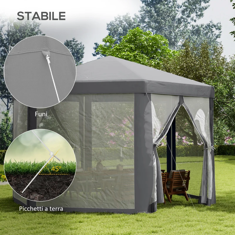 Outsunny Gazebo da Giardino Esagonale con Doppio Ingresso, in Metallo e Poliestere, 3.9x3.9x2.5 m, Grigio
