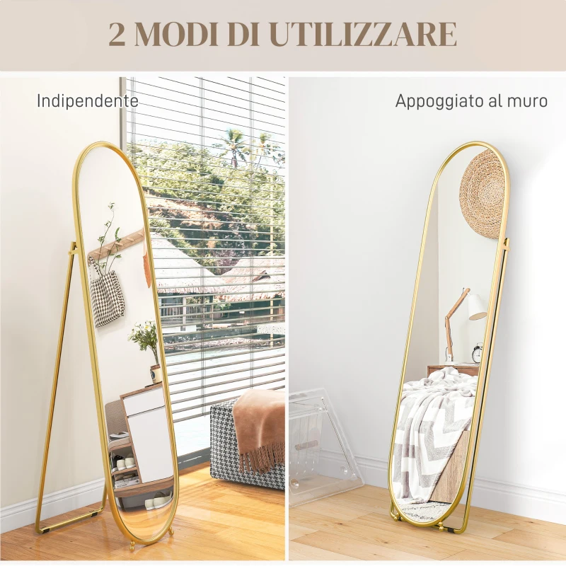 HOMCOM Specchio Verticale Ovale da Terra con Supporto, in Vetro e Metallo, 40x41x159 cm, Tonalità Oro