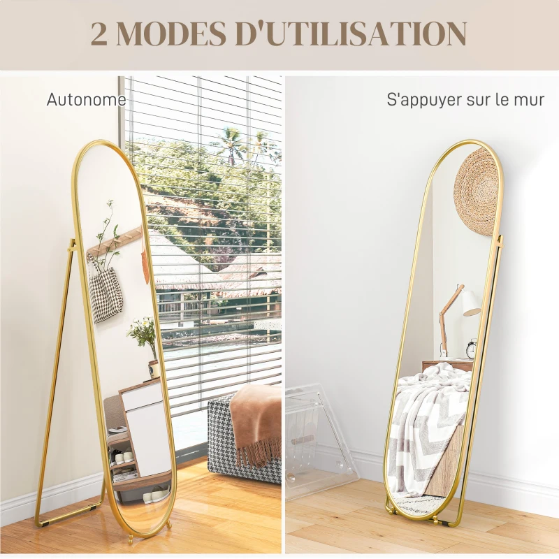 HOMCOM Grand miroir sur pied, miroir ovale, cadre en métal doré, avec support pour entrée, chambre, dressing, 40 x 160 cm