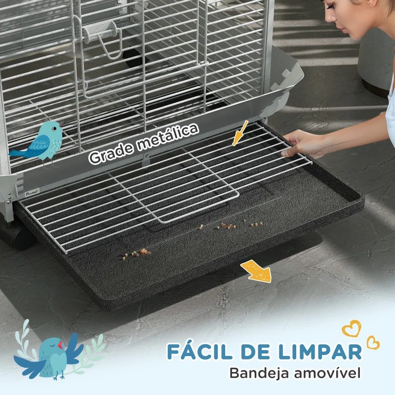 PawHut Gaiola para Pássaros Gaiola para Papagaios com Rodas Poleiros Comedouro e Bandeja Amovível 79x73x146 cm Cinza Claro