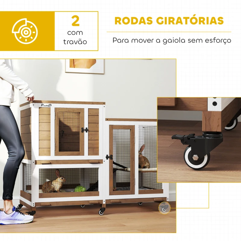PawHut Coelheira de Madeira Interior Gaiola para Coelhos de 2 Níveis com Rodas 2 Rampas 3 Bandejas Amovíveis 110x50x86 cm Marrom