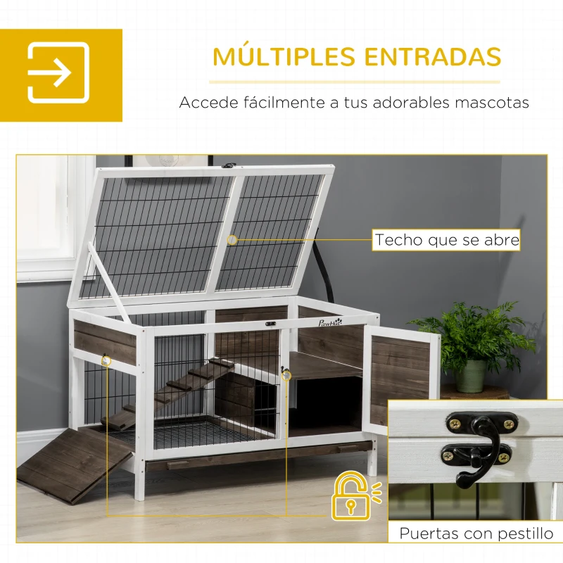 PawHut Conejera de Madera con Zona Abierta Techo Abatible Puertas Bandeja Extraíble y Rampa 90x53x87 cm Marrón y Blanco