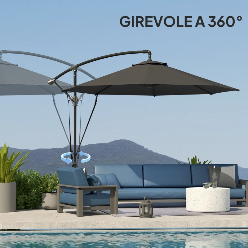 Outsunny Ombrellone da Giardino Rotondo Inclinabile e Girevole, Manovella e Protezione UPF 50+, Ø3 m, Grigio Scuro