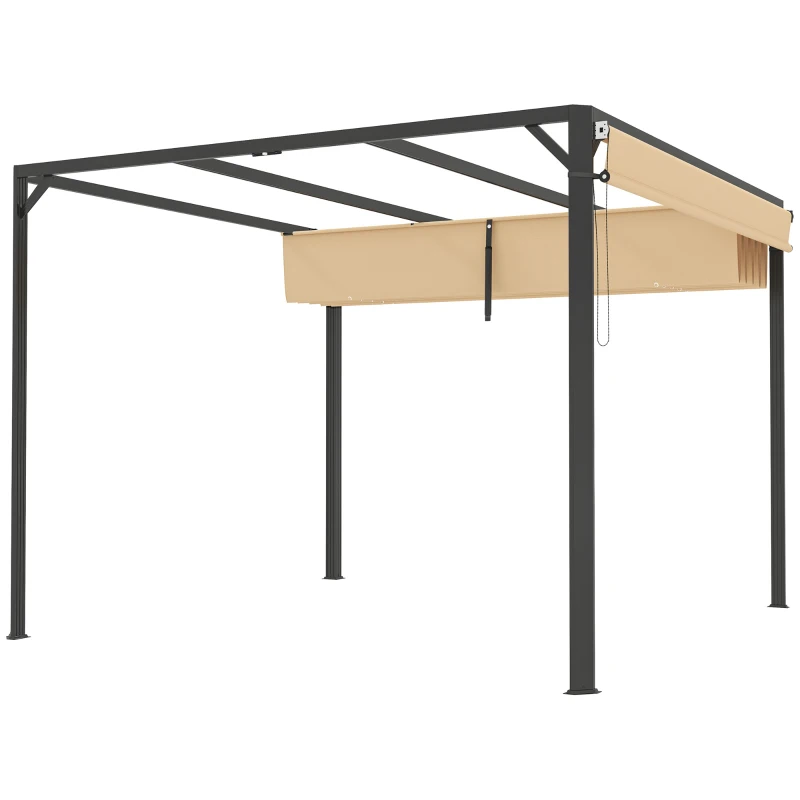 Outsunny 3 x 3m Aluminium Pergola, with Retractable Roof and Wall - Khaki